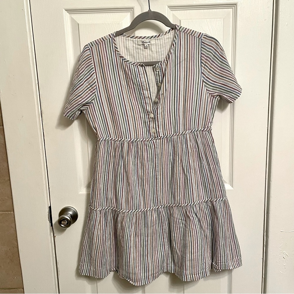 Madewell Striped Crewneck Button-Front Tiered Mini Dress